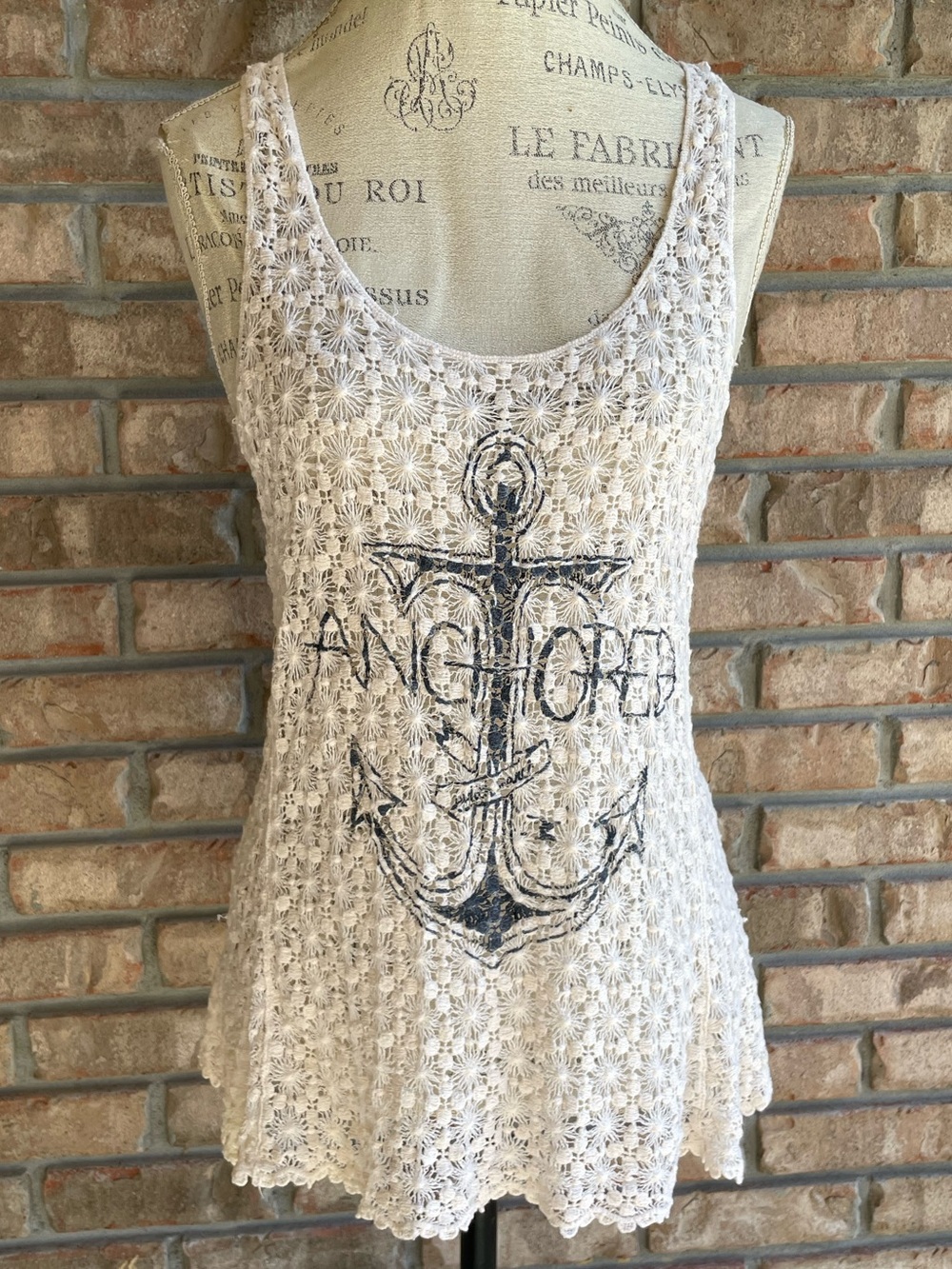 Judith March Cream Crochet Tank with Navy Anchor Graphic
